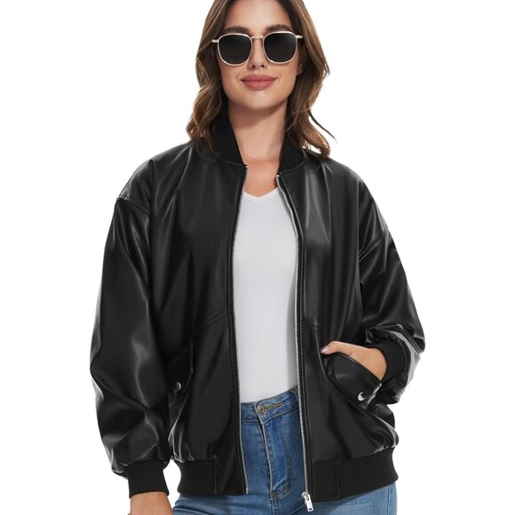 ✨ Black Leather Jackets Faux Biker Coat Short Lightweight Vegan Jacket